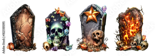 Ethereal Tombstones with Meteor Effects and Unique Designs in Isolated Background