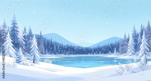 Serene frozen lake framed by snowy pines. Peaceful winter lake with crisp blue sky. Calm snowy forest surrounding icy water. Tranquil winter landscape with frozen lake
