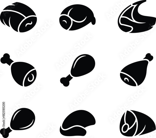 Meat and chicken leg vector icons set showing fresh food symbols for butcher, restaurant, barbecue, cooking, and culinary design illustration.
