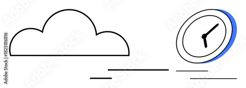 Cloud with lines suggesting movement and angled clock emphasizing speed and efficiency. Ideal for productivity, time management, cloud services, workflow organization, digital innovation, technology
