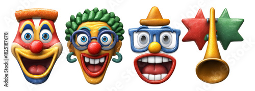 Wallpaper Mural Colorful Cartoon Clown Faces with Accessories on Transparent Isolated Background Torontodigital.ca