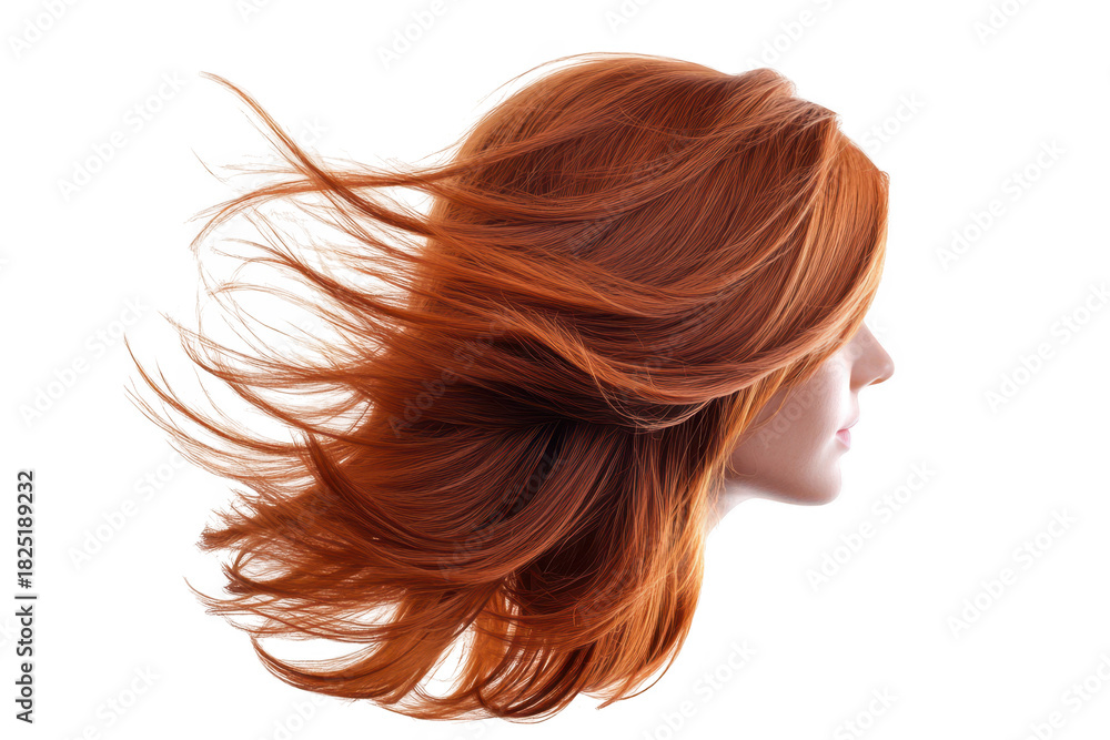 Obraz premium A striking close-up of a models profile vibrant. flowing red hair against a clean white background. emphasizing the movement and texture of the hair. ideal for beauty and fashion themes