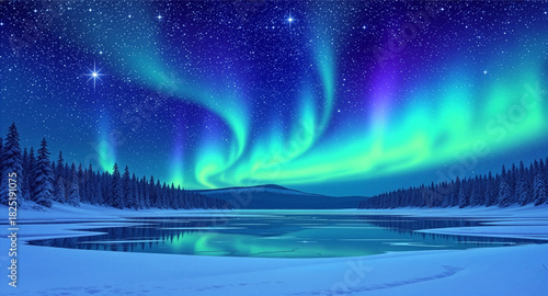 Vivid aurora lights glowing above a frozen northern lake. Magical green aurora shimmering over icy winter wilderness. Northern lights dancing in bright neon hues across snowy night