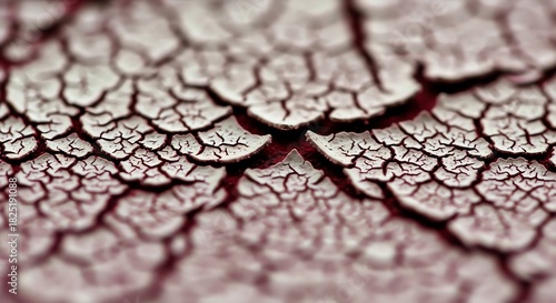 Dry cracked surface macro with branching fissures on red.