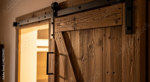 Rustic wooden barn door with metal hardware sliding interior element