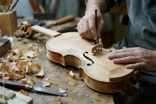 Luthier crafting a violin on a workbench with wood shavings and tools