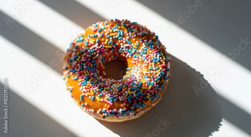Sweet frosted donut adorned with vibrant sprinkles and sun stripes on a white surface.