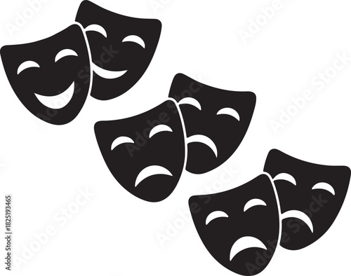 Set of black comedy and tragedy theater masks icons representing drama, emotion, and performance art