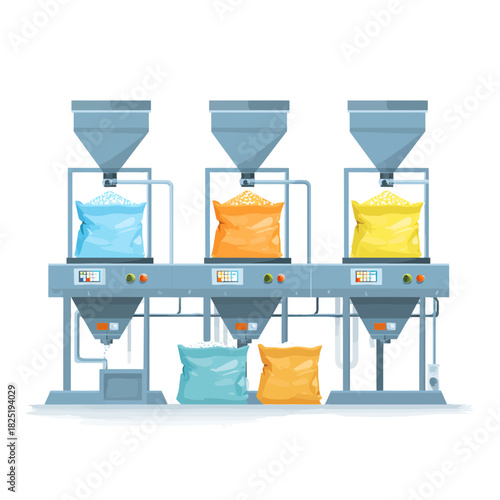 Automated packaging line filling bags with colorful grains
