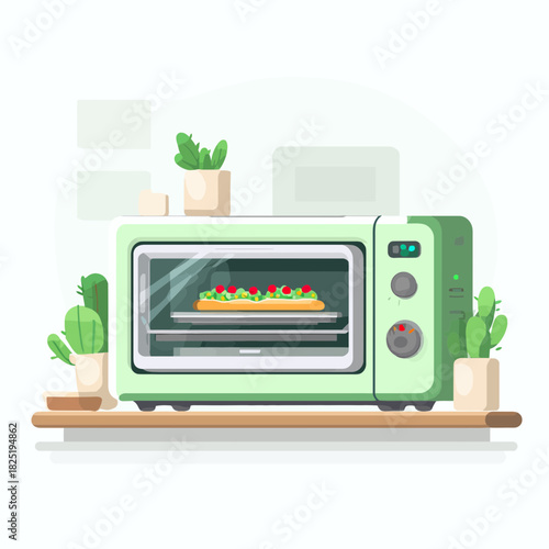 A green oven with food baking and plants in the kitchen