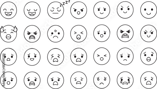 Set of 18 black and white hand drawn emoji face icons showing various emotion like happy, angry, sad, sleepy, confused, and surprised