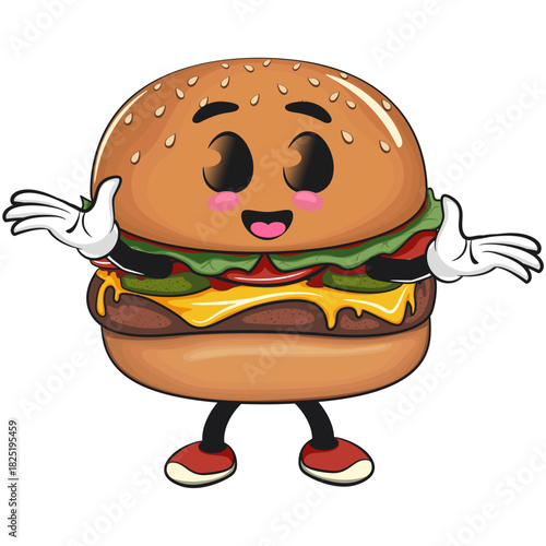 cute burger mascot character welcome with open hands, happy cartoon burger vector illustration, work of hand drawn