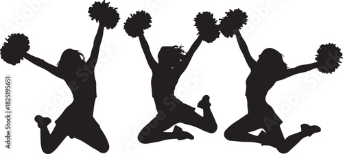 Cheerleaders jumping silhouette with pom poms isolated on transparent background