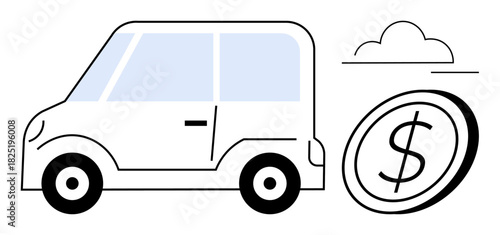 Small car alongside a dollar coin and minimal cloud, signifying vehicle ownership, costs, savings, and eco-conscious transportation. Ideal for finance, insurance, investment, auto sales leasing