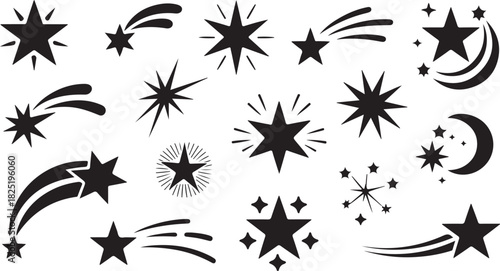 Celestial collection showcases various star and comet shapes in minimalist black forms on a transparent background