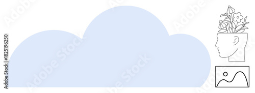 Cloud representing imagination, head with blooming flowers for creativity, landscape photo. Ideal for creativity, mindfulness, imagination, mental health, innovation, inspiration artistic concepts