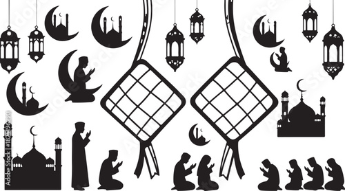 Islamic ramadan kareem silhouette set isolated on transparent background
