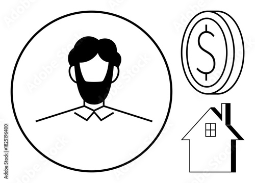 Minimalist avatar inside a circle, currency coin, and house icon representing finance, investment, home ownership, and identity. Ideal for real estate, personal finance, economy banking profiles
