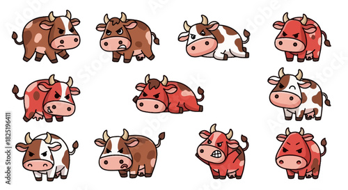 Collection of cartoon cows displaying various emotions and poses, perfect for illustrations and design elements