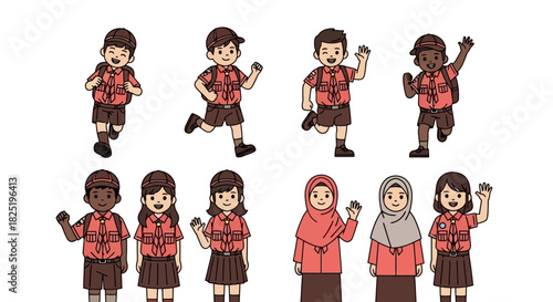 Cartoon Illustration of Diverse Students Wearing School Uniforms