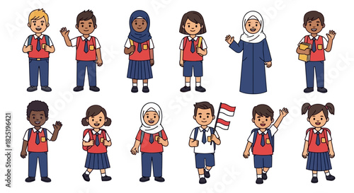 Cheerful and Diverse Indonesian School Children in Various Uniforms and Attire, Celebrating Education and Cultural Inclusivity, Ready for Learning and Growth