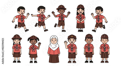Diverse scout troop illustration featuring various children in scout uniforms for educational purposes