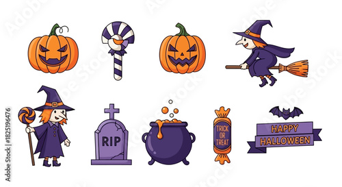 A delightful set of Halloween illustrations featuring grinning jack-o'-lanterns, a flying witch, gravestones, cauldrons, candy, and banners, perfect for festive holiday designs