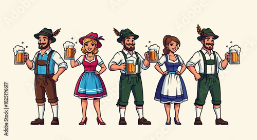 Happy group of friends in traditional Bavarian dirndl and lederhosen outfits celebrating a German beer festival