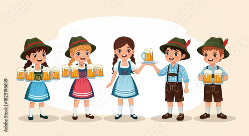 Young children in traditional Bavarian costumes joyfully celebrate a German folk festival, holding frothy beer mugs for a festive and cheerful illustration