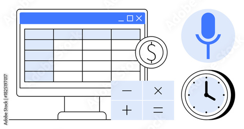 Desktop screen showing a spreadsheet, calculator, microphone icon, and clock. Ideal for finance, productivity, time management, data analysis budgeting automation and scheduling. A simple flat