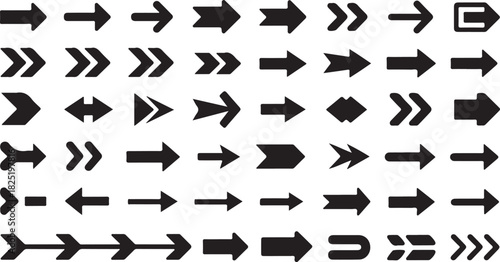Forty two black arrows point directionally with varying shapes in orderly rows on transparent background