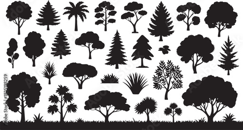 Silhouette forest features varied tree, bush, and grass elements against a transparent background