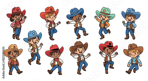 A lively collection of diverse cartoon cowboys and cowgirls, cheerfully depicted in various playful poses, bringing a fun Western spirit to children's designs and creative projects