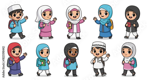 Cheerful and diverse group of Muslim school children, embracing education and embarking on their learning journey, symbolizing youth, community, and bright academic futures