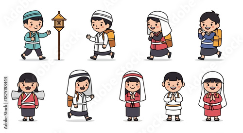 Cartoon Illustrations of Children in Various Traditional Religious Attire