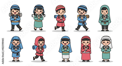 Diverse cartoon characters illustrate young adventurers with backpacks and cultural figures in traditional clothing, representing travel, exploration, and spiritual journeys