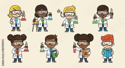 Diverse group of young scientists in lab coats, holding beakers and flasks, ready for science