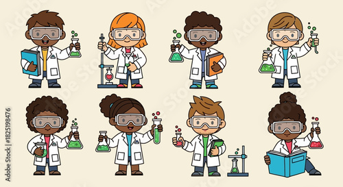 Set of diverse young student scientists in lab coats with chemistry equipment for STEM education
