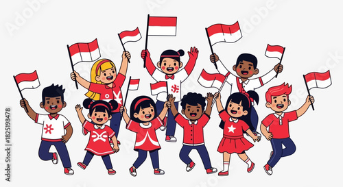 Celebrating Indonesian Independence Diverse Children Waving Flags with Joy and Patriotism