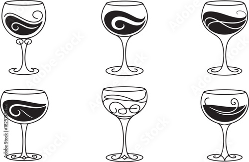Six elegant wine glasses showcase unique fluid swirls within a minimal black outline against white
