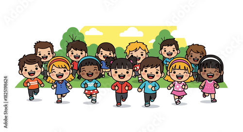 Joyful group of diverse children happily running and playing together outdoors in a vibrant park setting, embodying childhood energy, friendship, and healthy activity