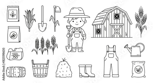 Charming Farm Life Black and White Vector Set of Farming Elements