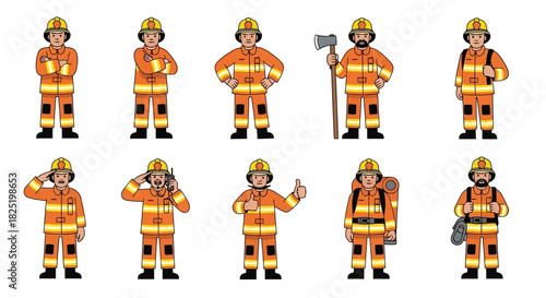 Collection of Firefighter Cartoon Characters in Orange Uniforms