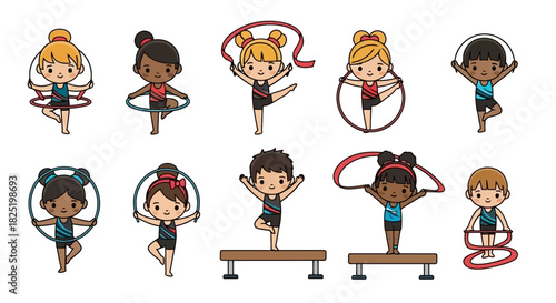 Vibrant Collection of Diverse Young Girls Showcasing Graceful Rhythmic Gymnastics and Artistic Gymnastics Poses with Various Apparatus, Celebrating Sport and Movement