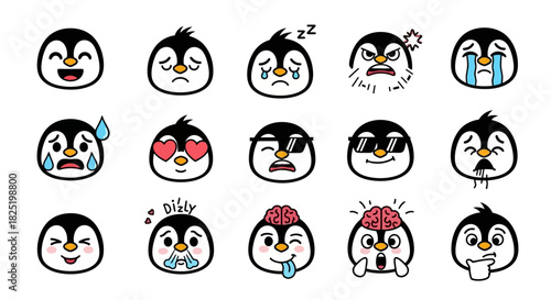 A comprehensive collection of adorable cartoon penguin faces showcasing a wide range of human emotions and expressions, perfect for digital communication and creative projects