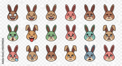 A collection of cute cartoon rabbit head emoticons with various facial expressions. A vector set of funny bunny character faces for avatars and stickers