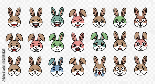 A versatile collection of cute cartoon rabbit head icons showing a wide range of feelings. Vector set of bunny emoticons with different facial expressions for web and print