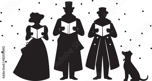 Victorian carolers, including a woman and two men, sing with a dog on white