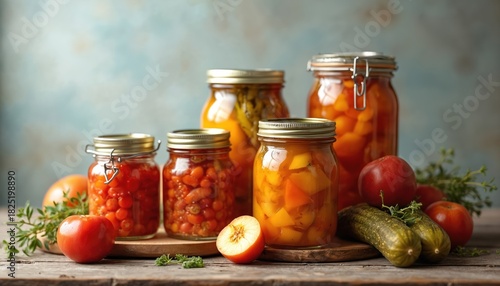 Collection of homemade preserved food in glass jars on rustic wooden table. Pickled vegetables, canned fruits from summer garden harvest. Traditional canning for healthy winter pantry supplies,