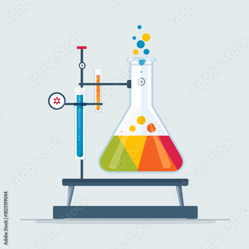 A bubbling laboratory flask with colorful liquid and bubbles